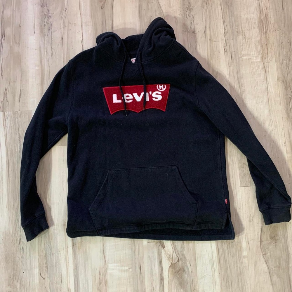 Levis Mens Black Hoodie Red Batwing Logo Large 3UGLK1473 Long Sleeve Sweatshirt